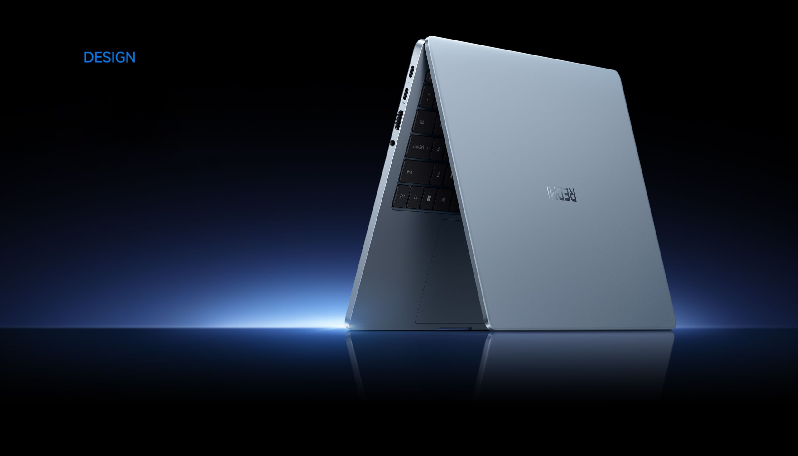 Sekcja design: aluminiowa obudowa monoblok Xiaomi Redmibook 14 Pro 2026 w kolorze Błękit